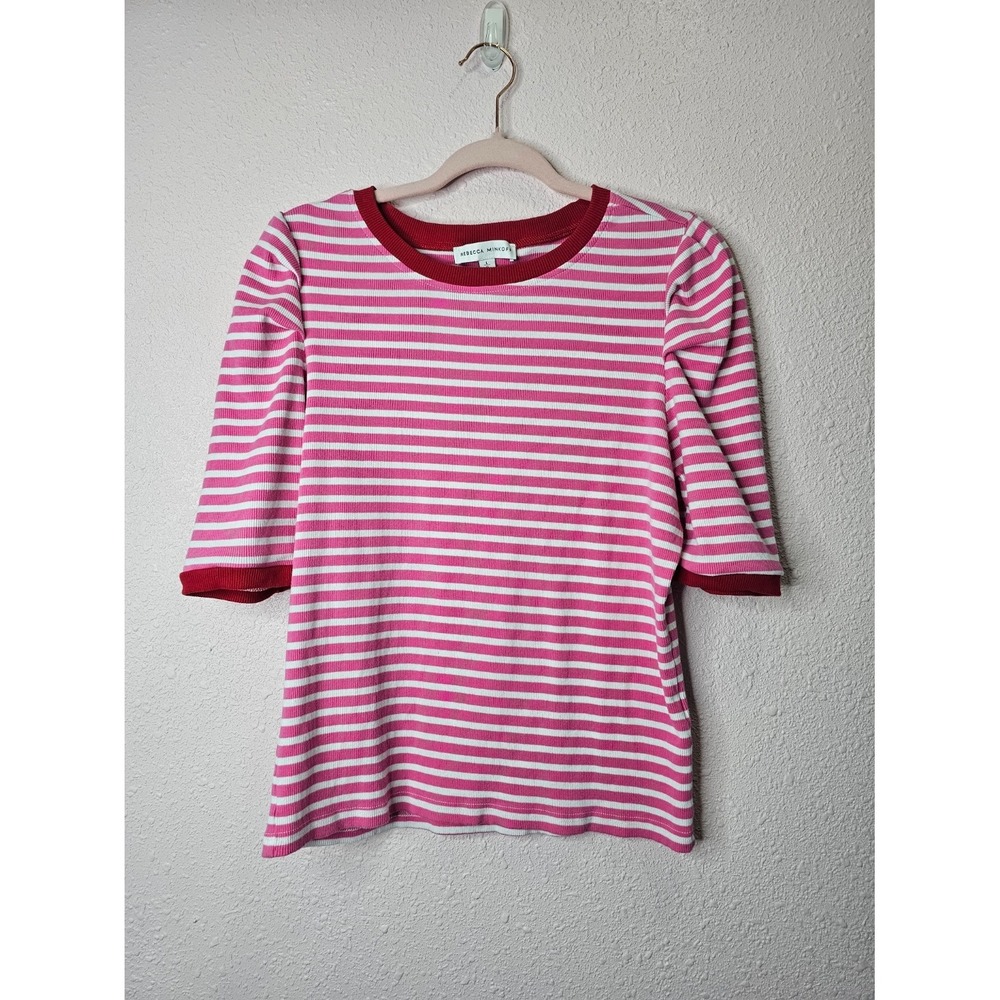 Rebecca Minkoff Pink White Striped Ringer Tee Puff Sleeve Ribbed Top Preppy Sz L
